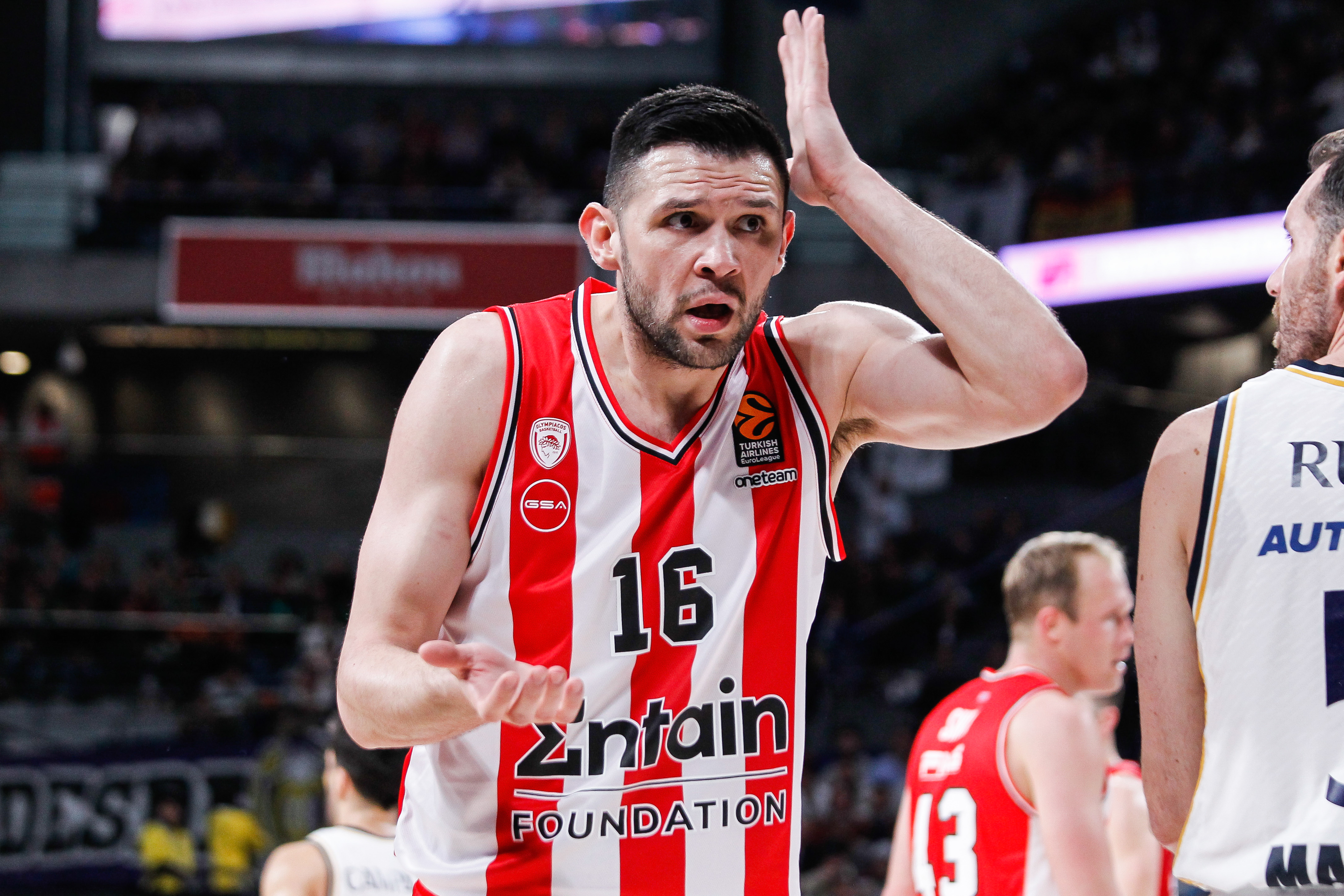 Kostas Papanikolaou of Olympiacos protest during Turkish Airlines Euroleague basketball match between Real Madrid and Olympiacos Piraeus at Wizink Center on January 25, 2024,  in Madrid, Spain.